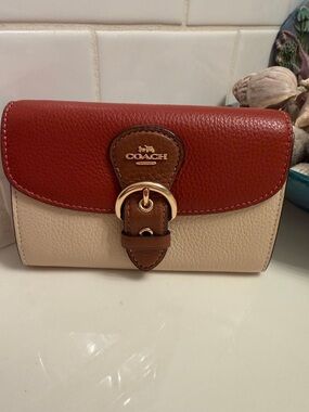 Coach Colorblock KLEO Pebbled Leather Wallet - Rust Red, Cream & Brown